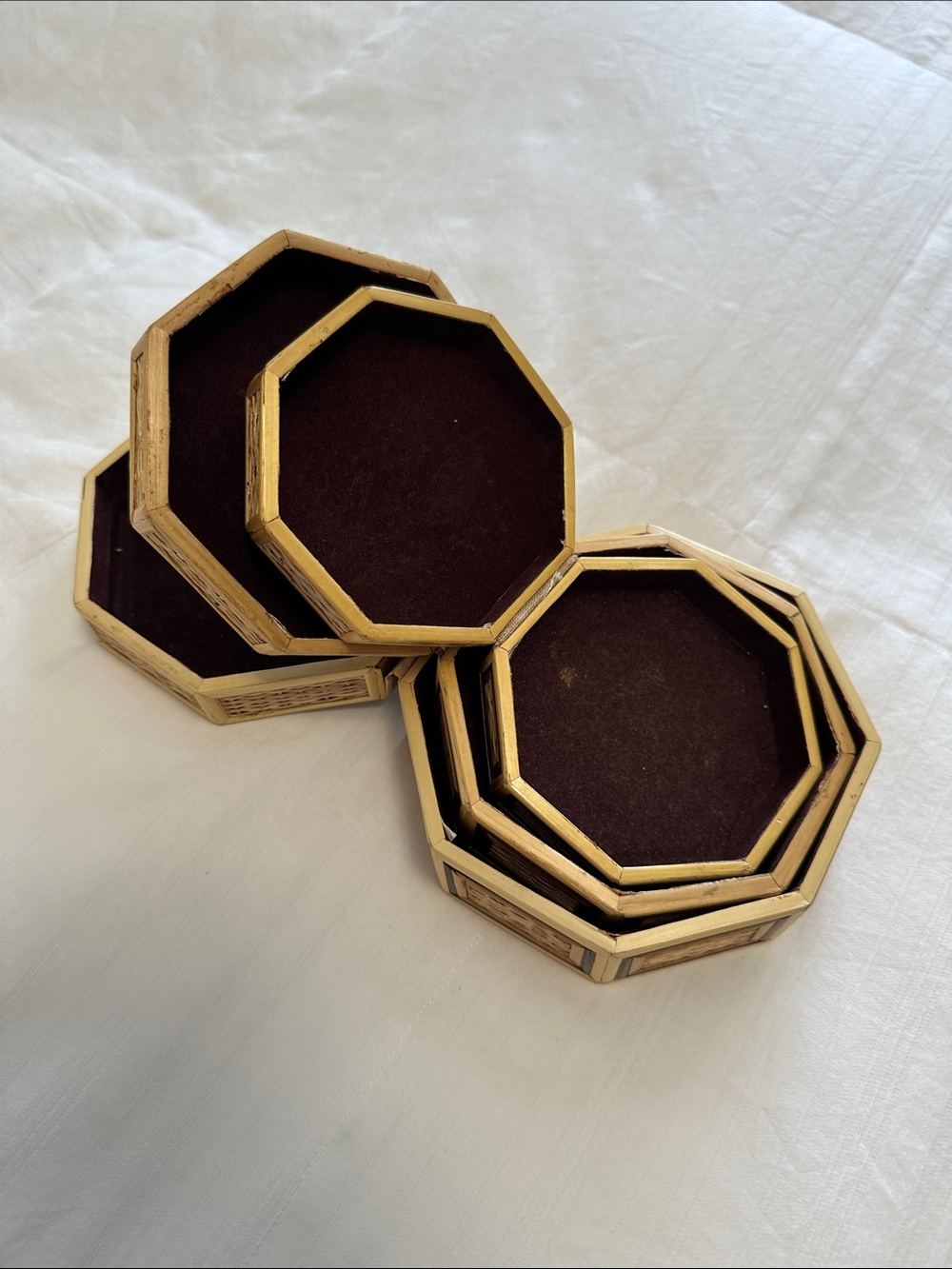 Set of Octagonal Wood Nesting Boxes with Dark Felt Inset